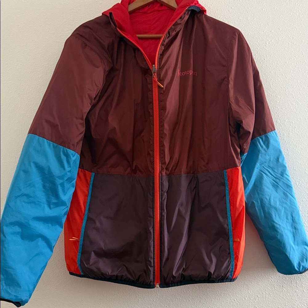 Cotopaxi Multicolor Quilted Reversible Puffer Jacket in Maroon, Blue & Red